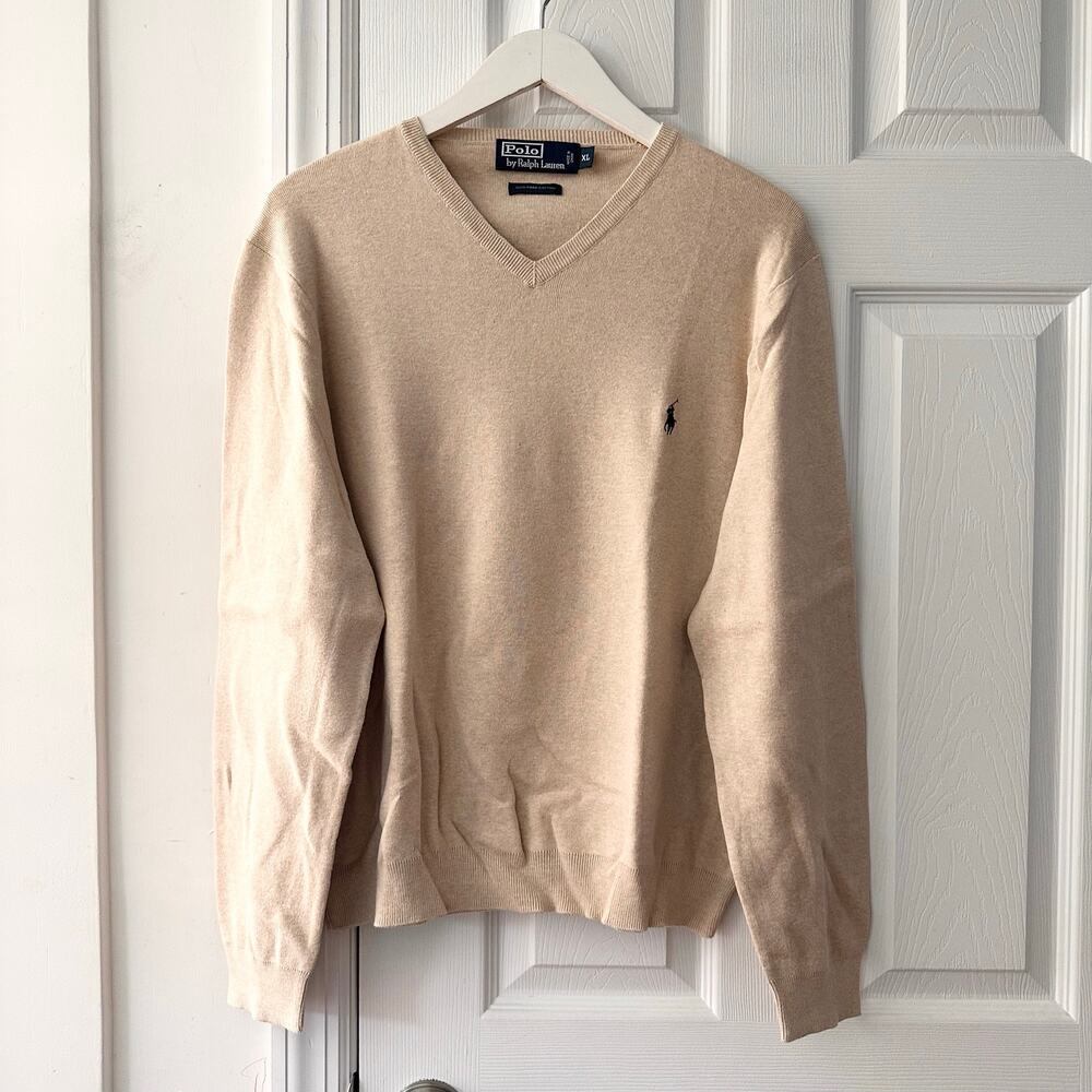 Polo Ralph Lauren Beige Oatmeal Pima Cotton V Neck Lightweight Sweater XL